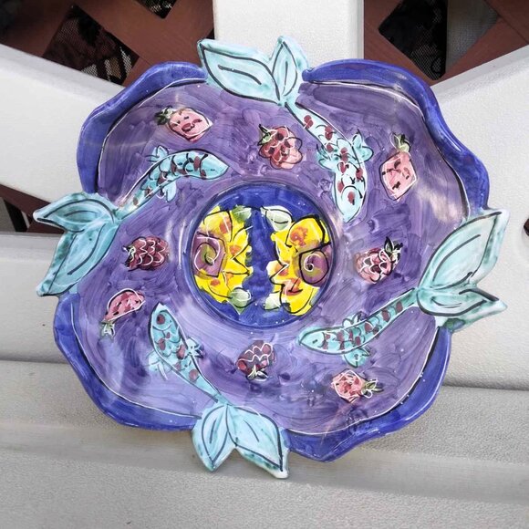 Whimsical Hand Painted Swimming Fish Ceramic Pedestal Dish by Kate & Ryan - Picture 4 of 8